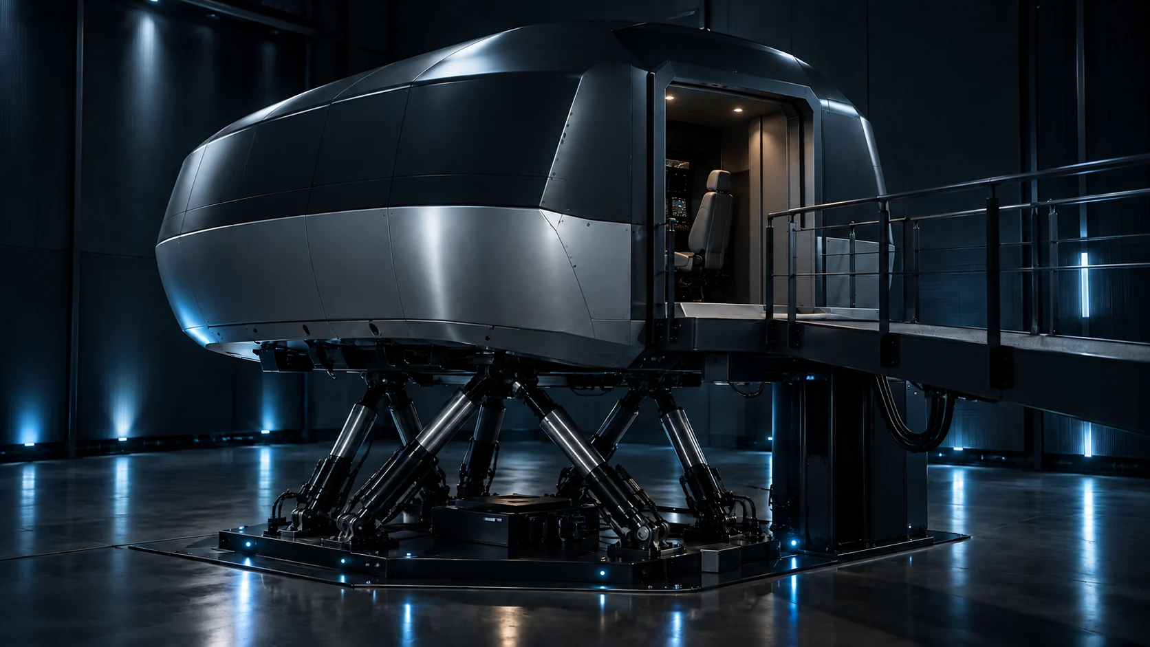 Full-motion flight simulator in a dark training facility