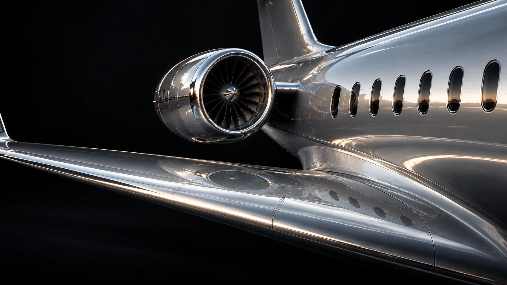 Silver business jet with a low-mounted engine, narrow fuselage windows and polished wing