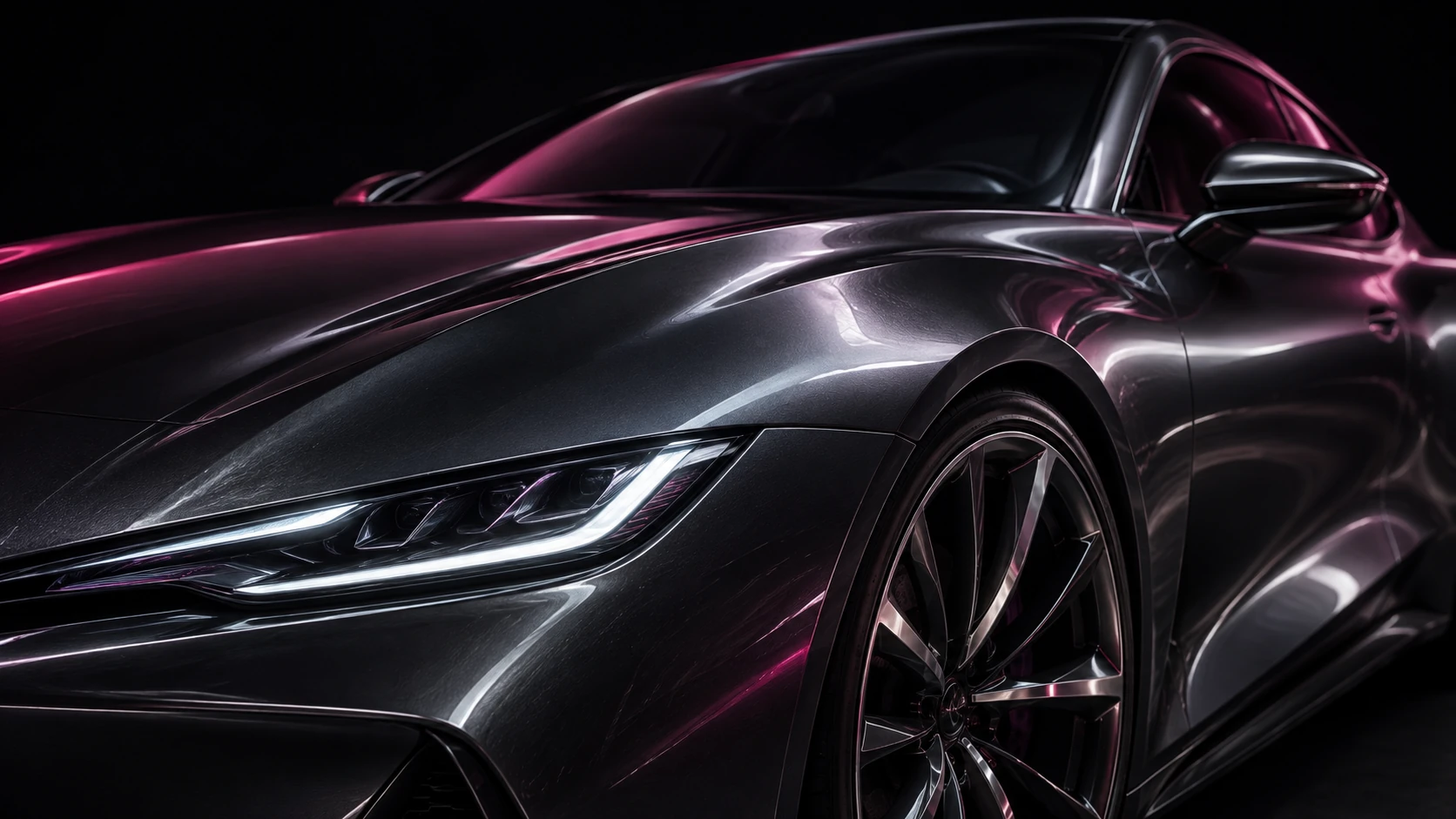 Dark performance car with sculpted bodywork and plum highlights