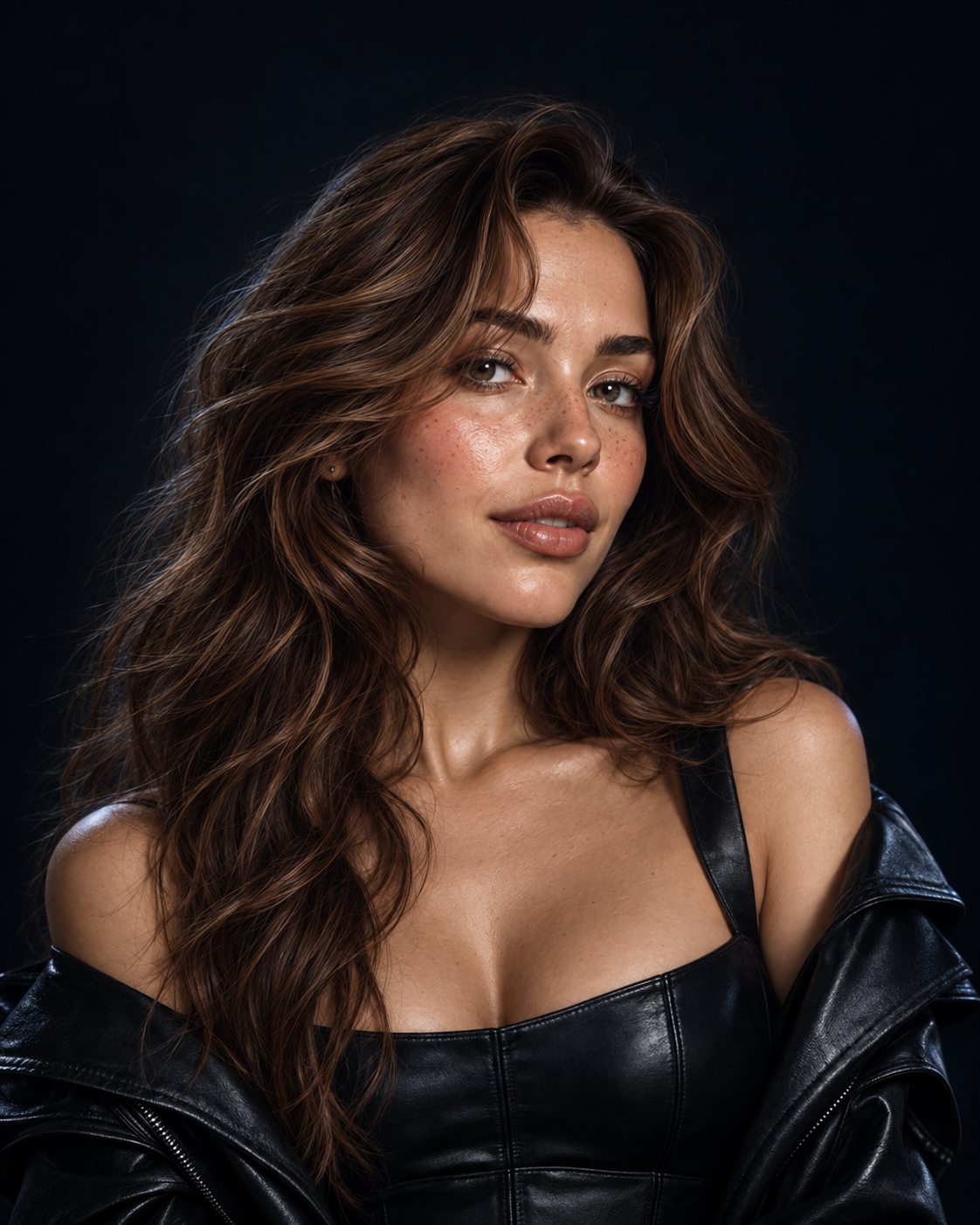 ARIA with wavy brunette hair, freckles and a black leather jacket, against a dark background.