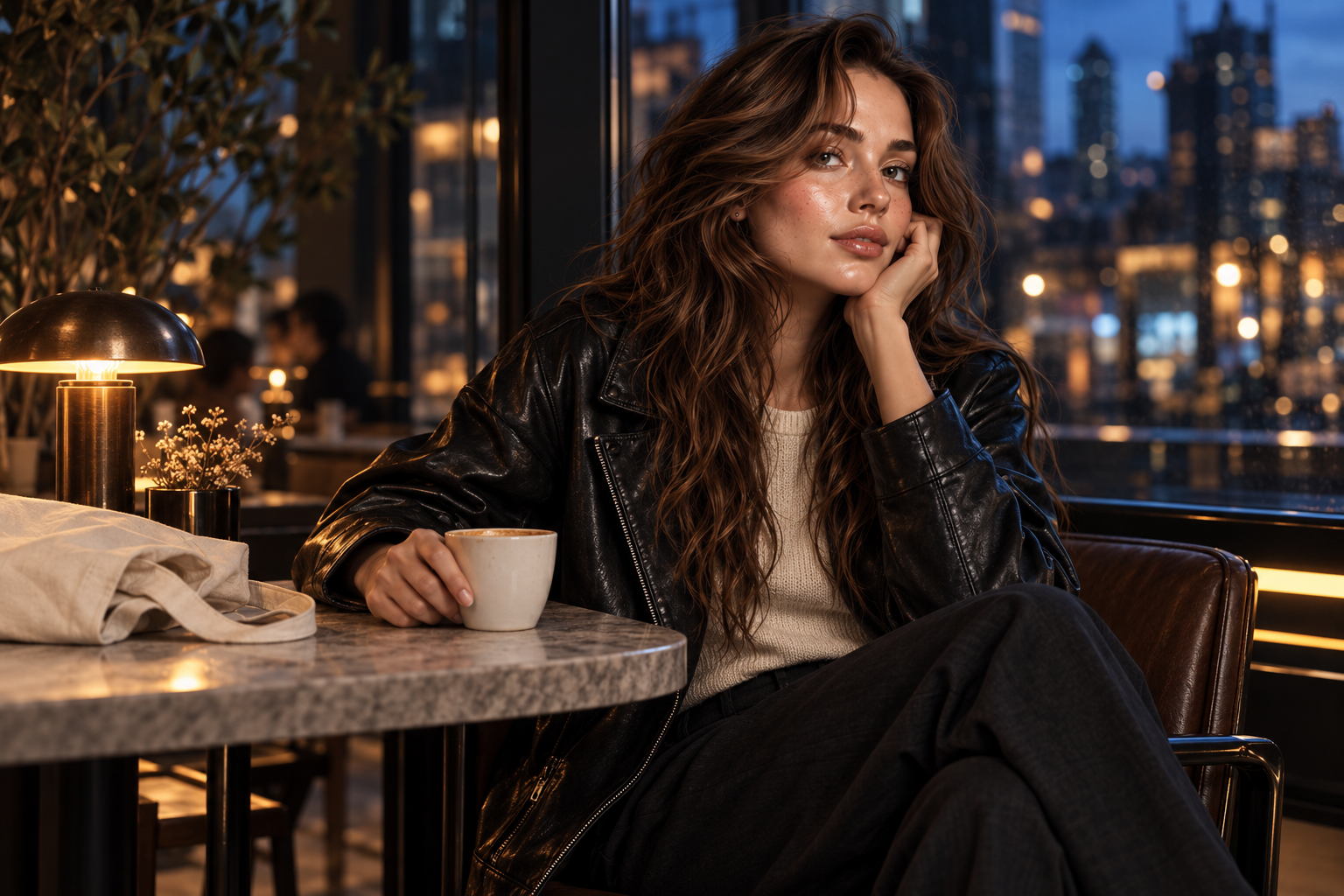 ARIA at a café window in an imagined lifestyle editorial, beside an unbranded ceramic cup.