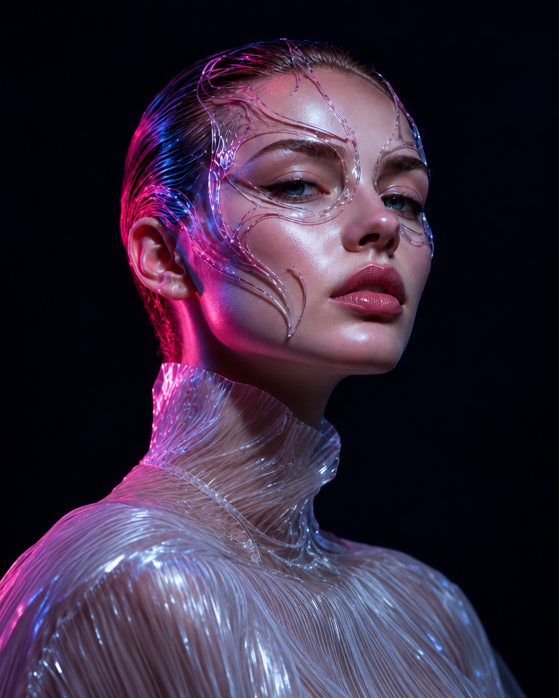 EIRVA with slicked-back hair, transparent facial filaments and a sculptural pearlescent collar.