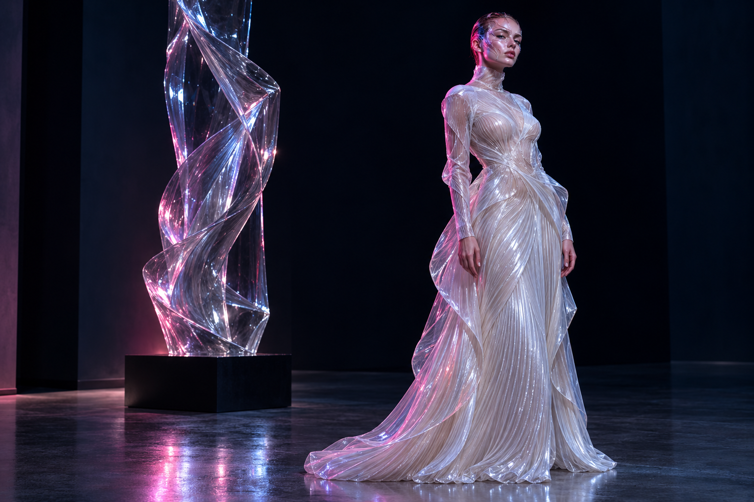 EIRVA in an imagined pearlescent couture gown beside a glass sculpture in a dark gallery.