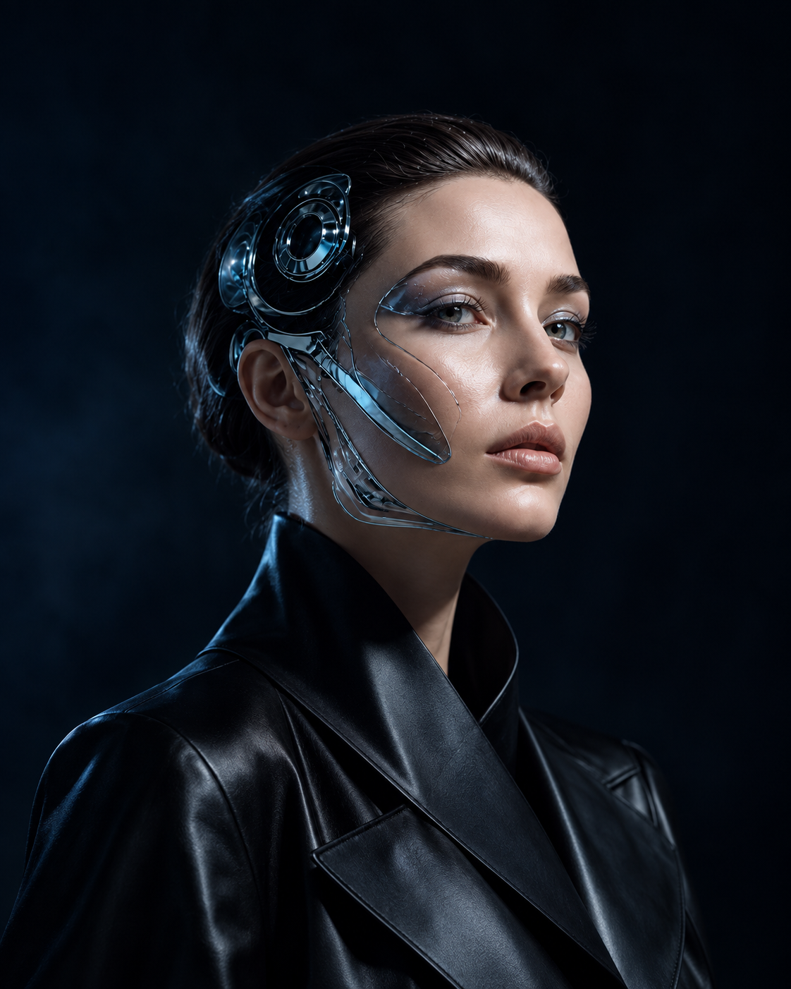 NOVA with sleek dark hair and blue-chrome temple and cheek details, wearing a black leather trench.
