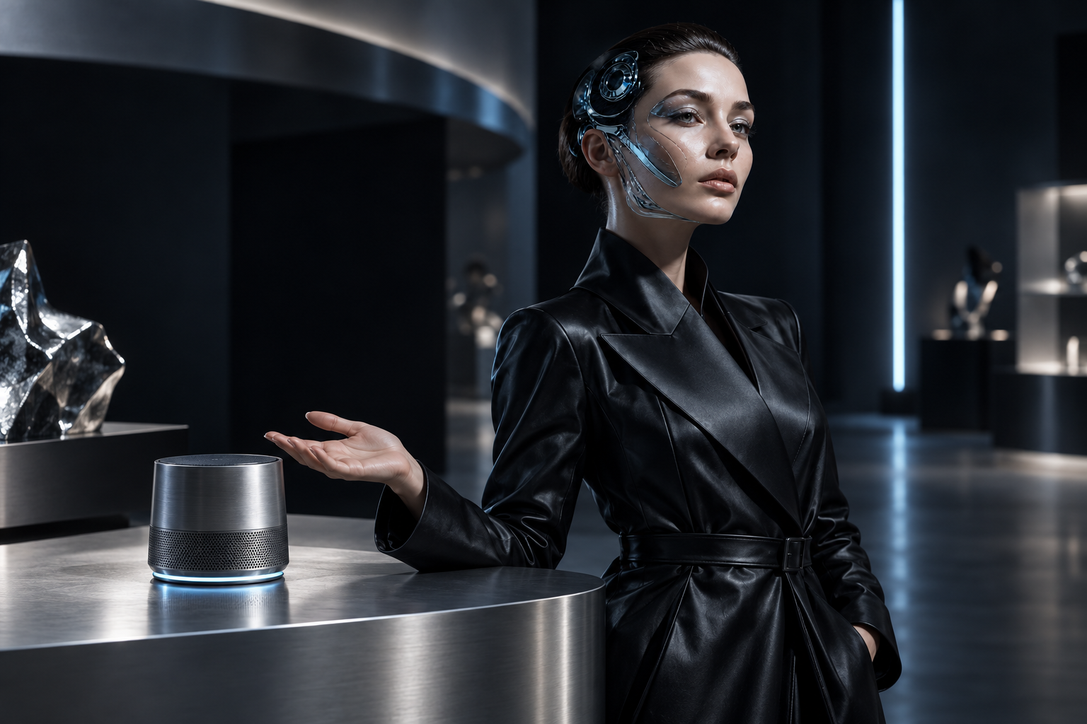 NOVA in an imagined technology showroom, presenting an unbranded metal speaker.