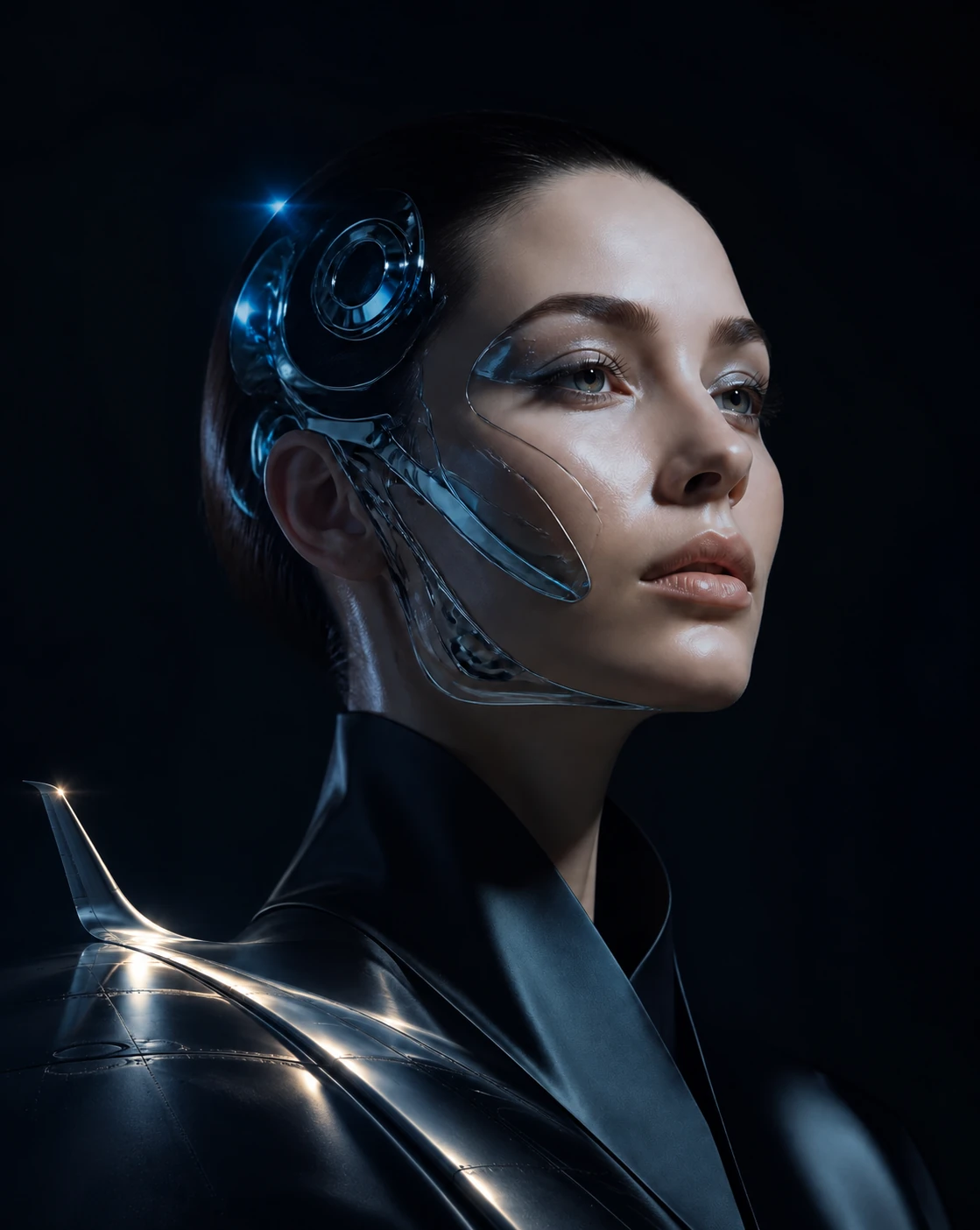 Futuristic woman with translucent AI elements and an aircraft wing integrated into her shoulder