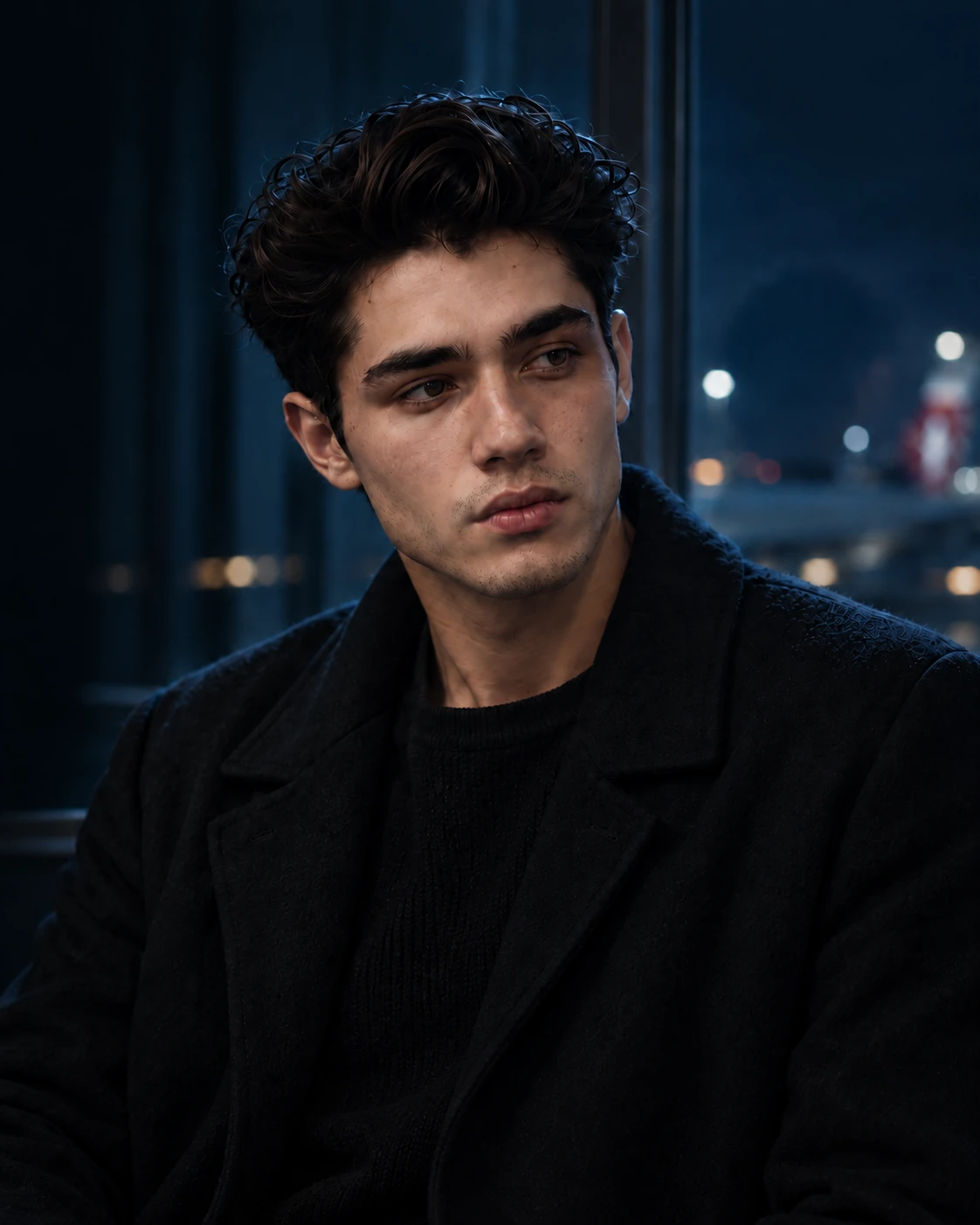 Elian Jae, a young virtual artist in a black coat beside a window at night