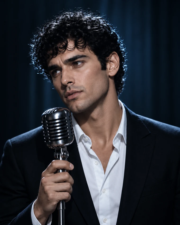Noé Veyra, a curly dark-haired virtual crooner gazing upward beside a vintage microphone in blue stage light