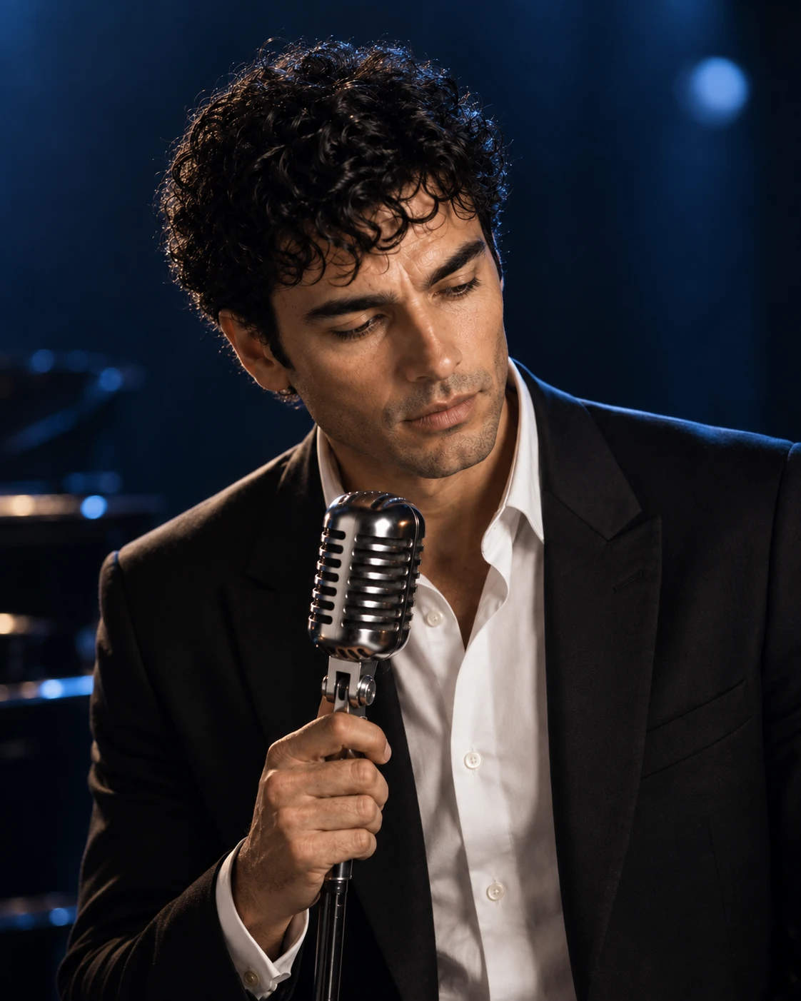 Noé Veyra, a dark-haired virtual crooner in a black suit, holding a vintage microphone under blue stage light